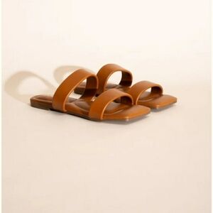 Soda Woman's Ramsey Double Strap Slides Slippers in Brown Faux Leather Size 6